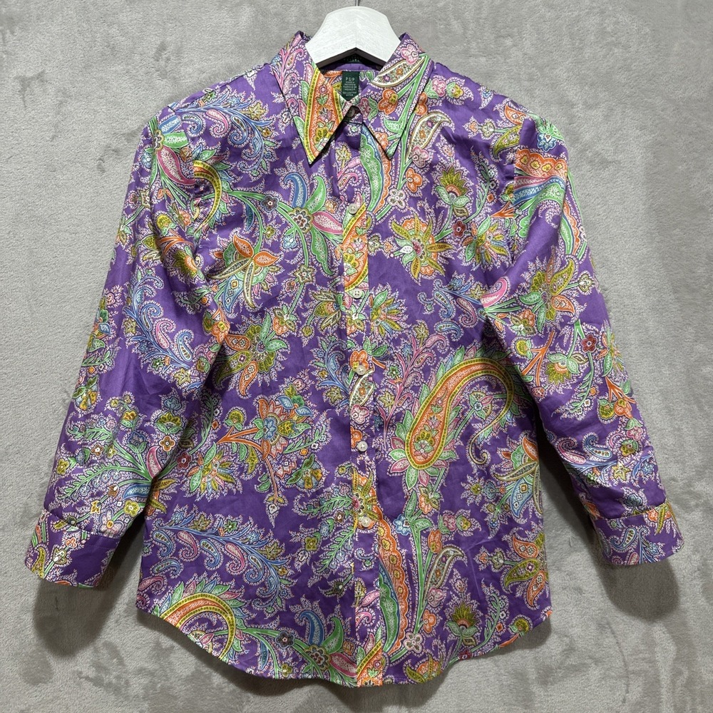 Lauren Ralph Lauren Petite Shirt S/P Purple Paisley Button Down Long Sleeve